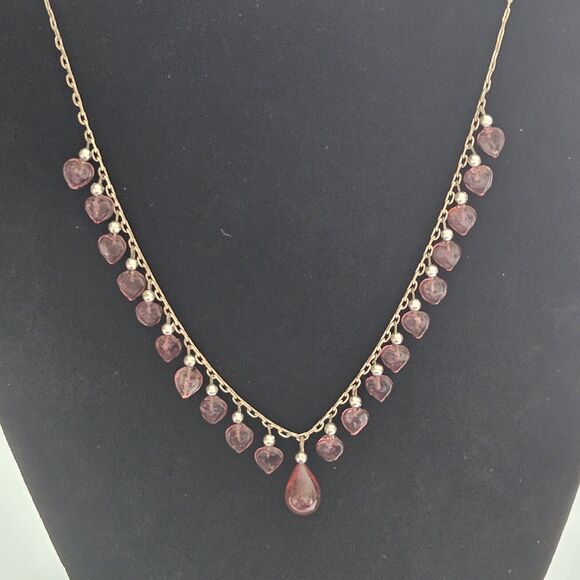 **Final Sale** Silver Tone Red Heart Shaped Glass Dangling Beaded Necklace 14" - Picture 1 of 14